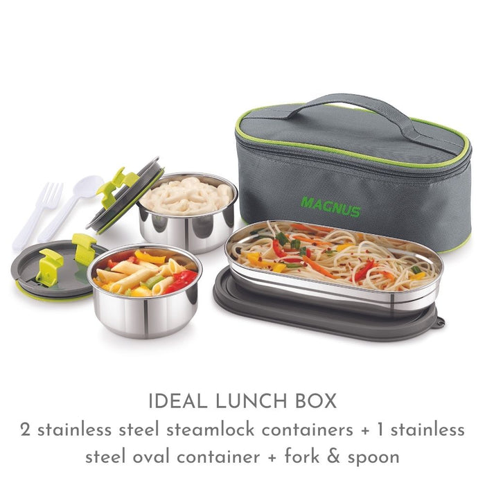 Magnus Olive 3 Prime Lunch Box | 3 Airtight & Leakproof Steamlock Stainless Steel Lunch Boxes with a compact Bag For School & Office