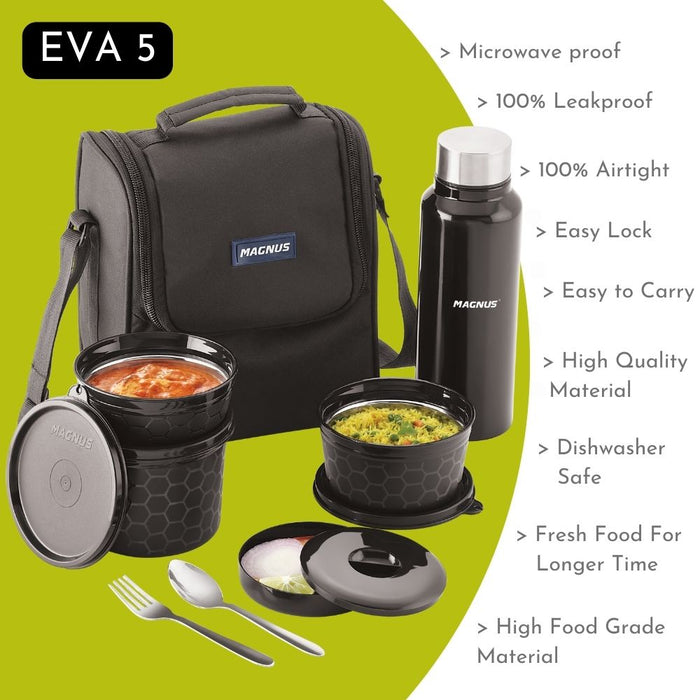 Magnus Microwave Safe EVA 5 Lunch Box Set (Black) -3 Microwave Safe Easylock Stainless Steel Containers|1 Small Plastic Chutney Box|1 Steel Bottle|Steel Cutlery|Compact Easy to Carry Bag (1750ML)