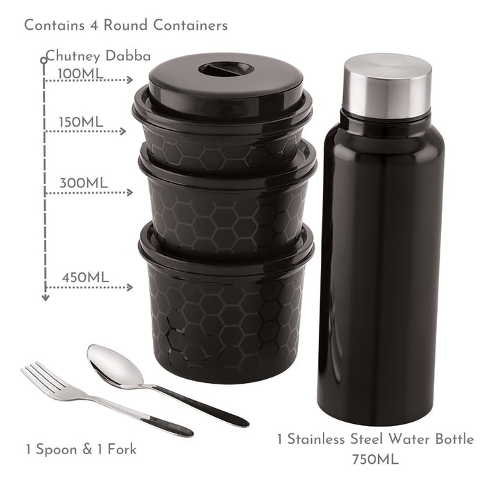Magnus Microwave Safe EVA 5 Lunch Box Set (Black) -3 Microwave Safe Easylock Stainless Steel Containers|1 Small Plastic Chutney Box|1 Steel Bottle|Steel Cutlery|Compact Easy to Carry Bag (1750ML)