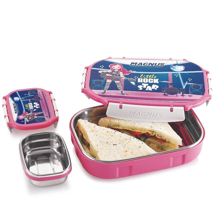 Spike Kids PP Pink Color Insulated Lunch Box - Magnus Stainless Steel Rectangle Lunch Box with Detachable Clips (800ml+150 ml)