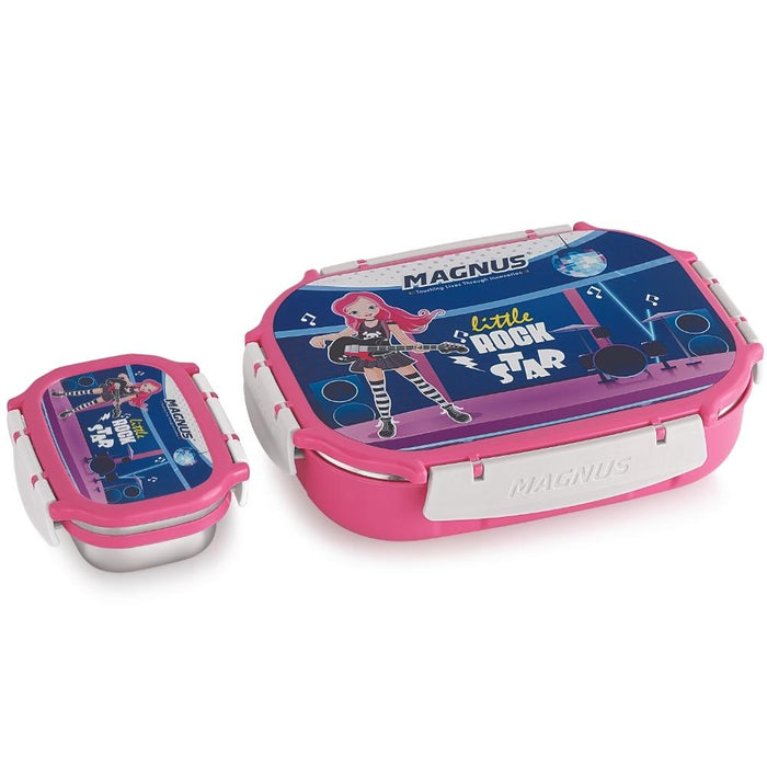 Spike Kids PP Pink Color Insulated Lunch Box - Magnus Stainless Steel Rectangle Lunch Box with Detachable Clips (800ml+150 ml)