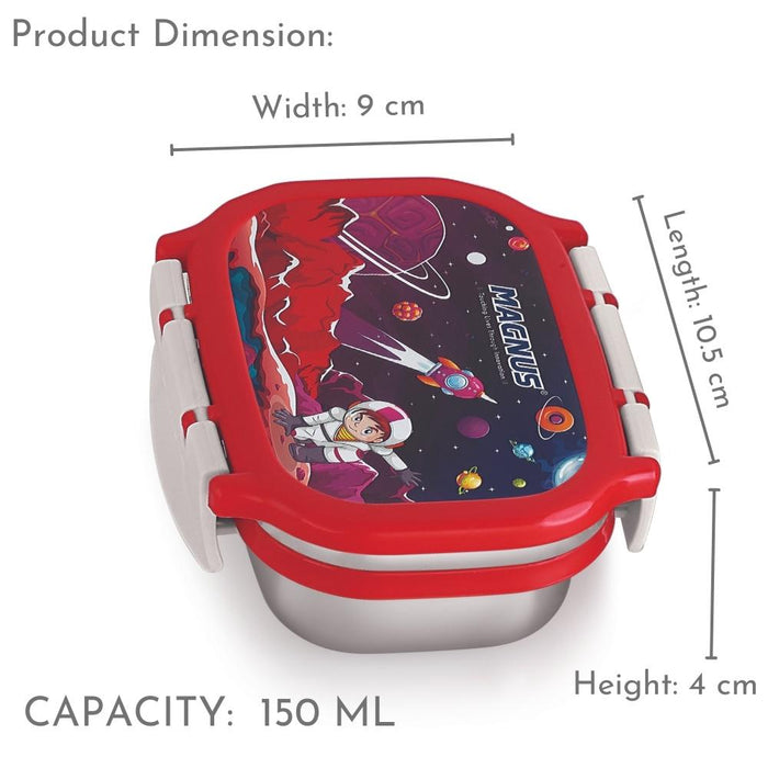 Magnus Spike Kids PP (Red) Insulated Lunch Box -Stainless Steel Rectangle Lunch Box with Detachable Clips (800ml+150 ml)