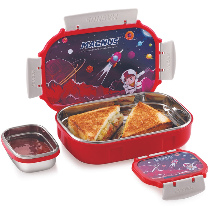Magnus Spike Kids PP (Red) Insulated Lunch Box -Stainless Steel Rectangle Lunch Box with Detachable Clips (800ml+150 ml)