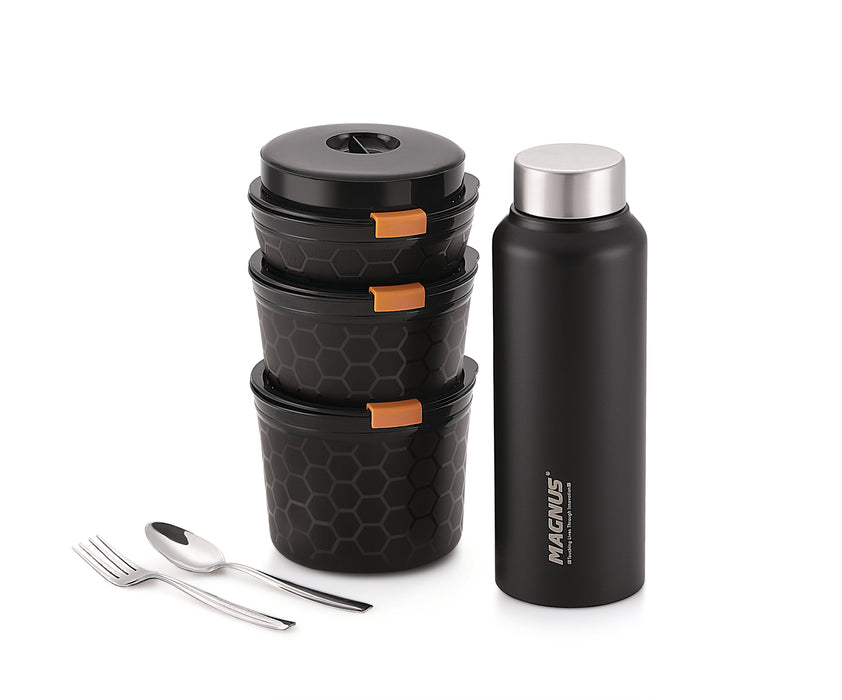 MAGNUS Microwave Neo 5 Lunch Box | 3 Microwave Safe Steam-lock Stainless Steel Containers | 1 Small Plastic Chutney Box | 1 Steel Bottle | Steel Cutlery (Black)