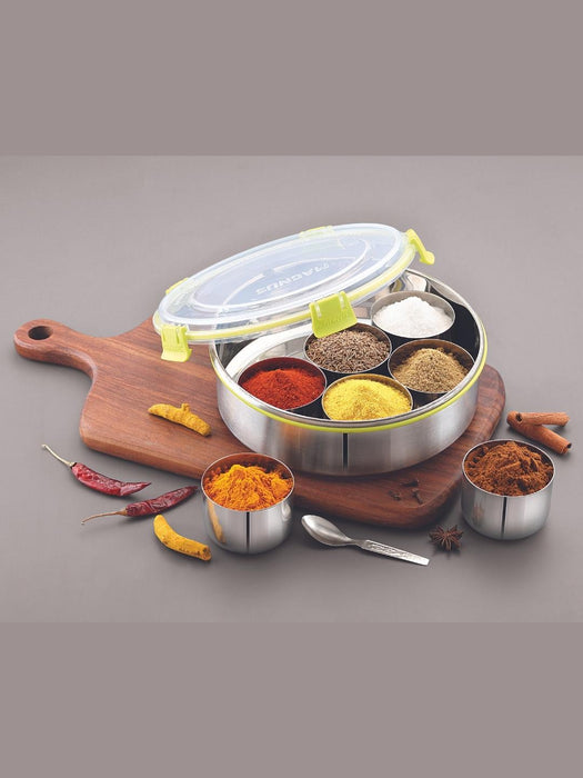 Airtight Vista Spice-Masala-Condiment Box-Dabba with Stainless Steel Vatti 7 Piece Spice Set