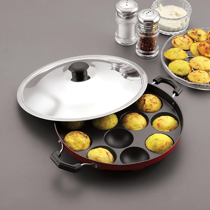 Aluminium Red Appam Patra with Stainless Steel Lid