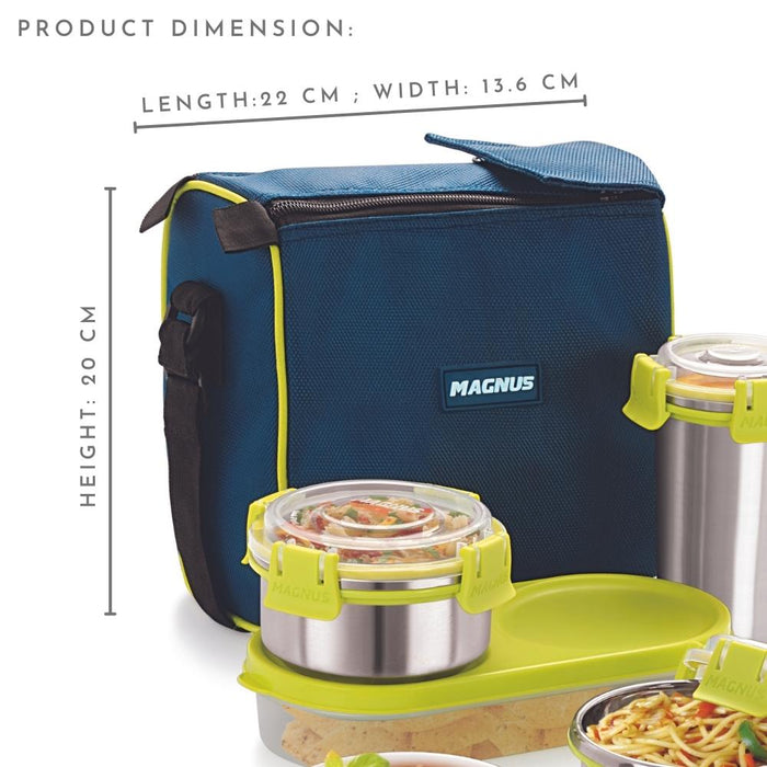 magnus nexus 5 stainless steel lunch box with bag 1400 ml product dimension