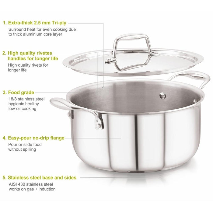 Magnus Triply Stainless Steel Induction Base Casserole with Stainless Steel Lid  Induction cookware