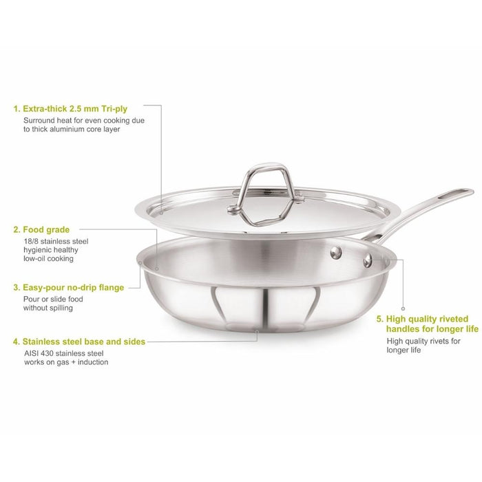 Magnus Triply Stainless Steel Induction Base Fry Pan with Stainless Steel Lid 