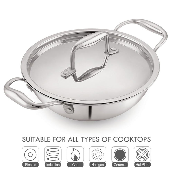 magnus triply stainless steel induction base kadhai with stainless steel lid 4.2 ltr cooktop compatibility