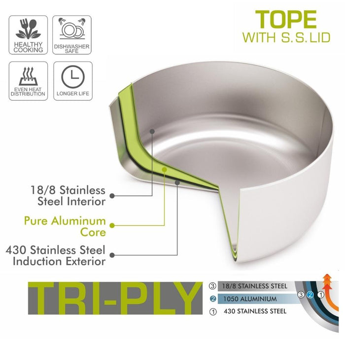magnus triply stainless steel tope with stainless steel lid 5.15 ltr product features